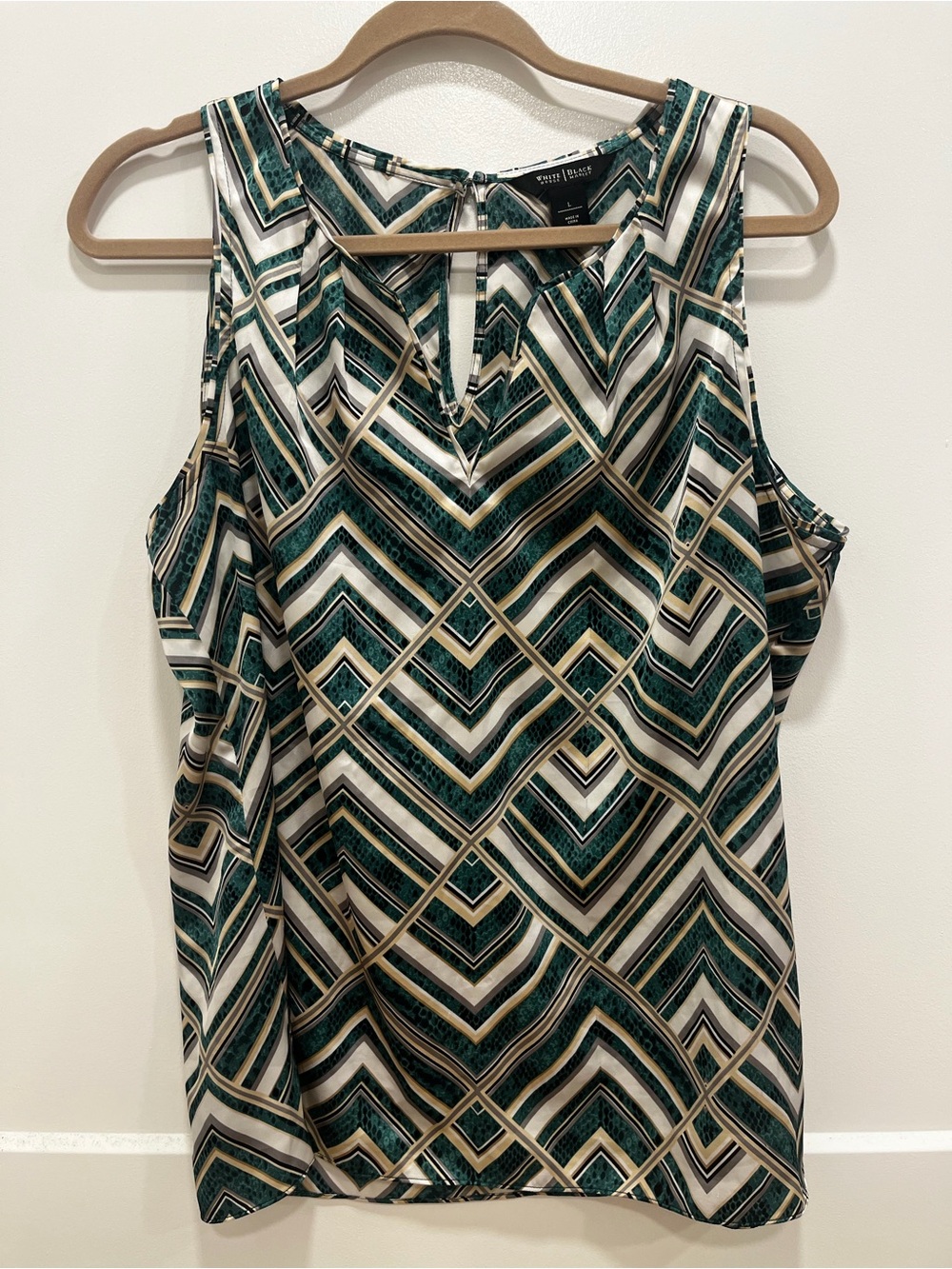 White House Black Market Geometric Sleeveless Top in Green, Cream, and Gold